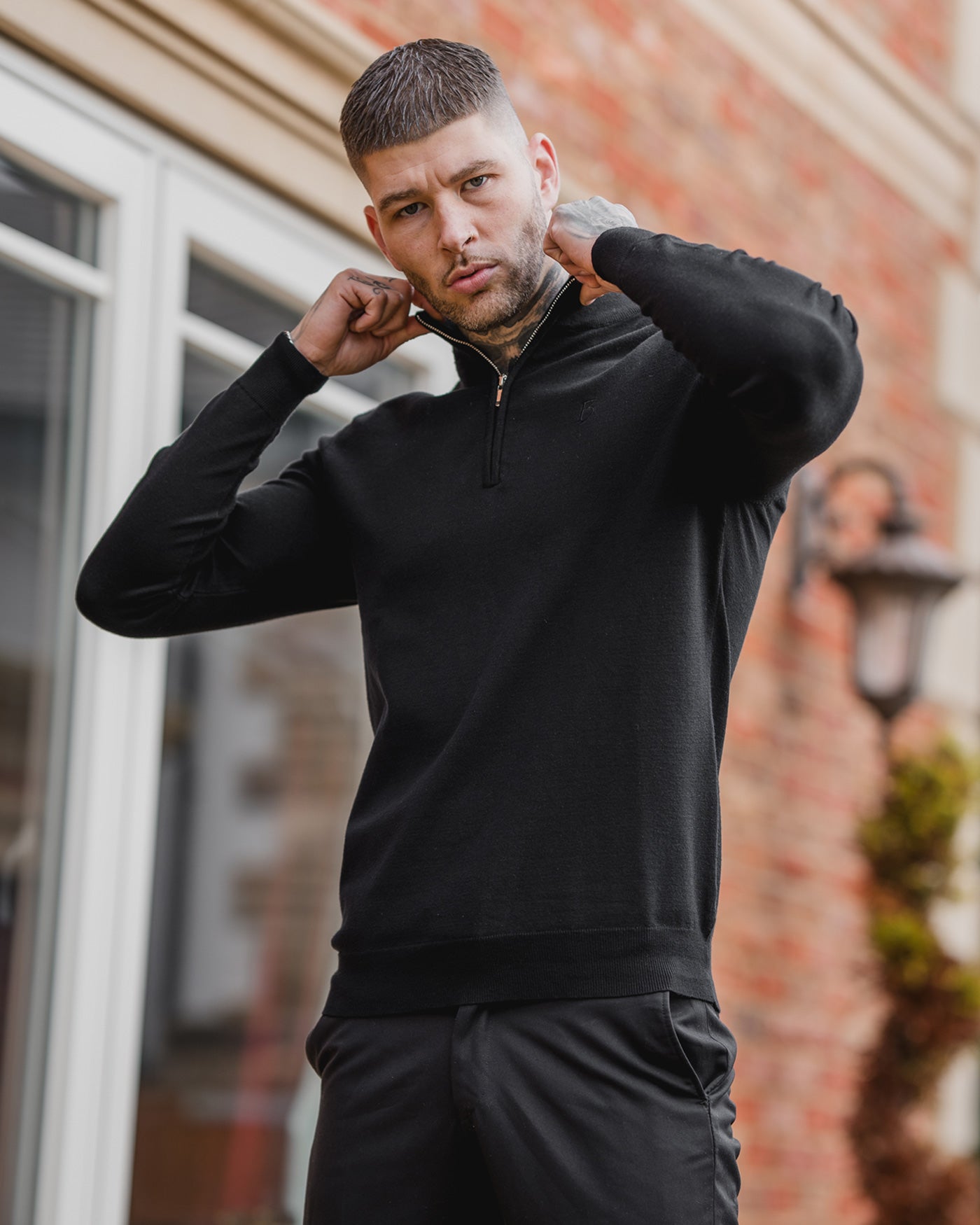 Black Knitted Long Sleeve Zip Polo