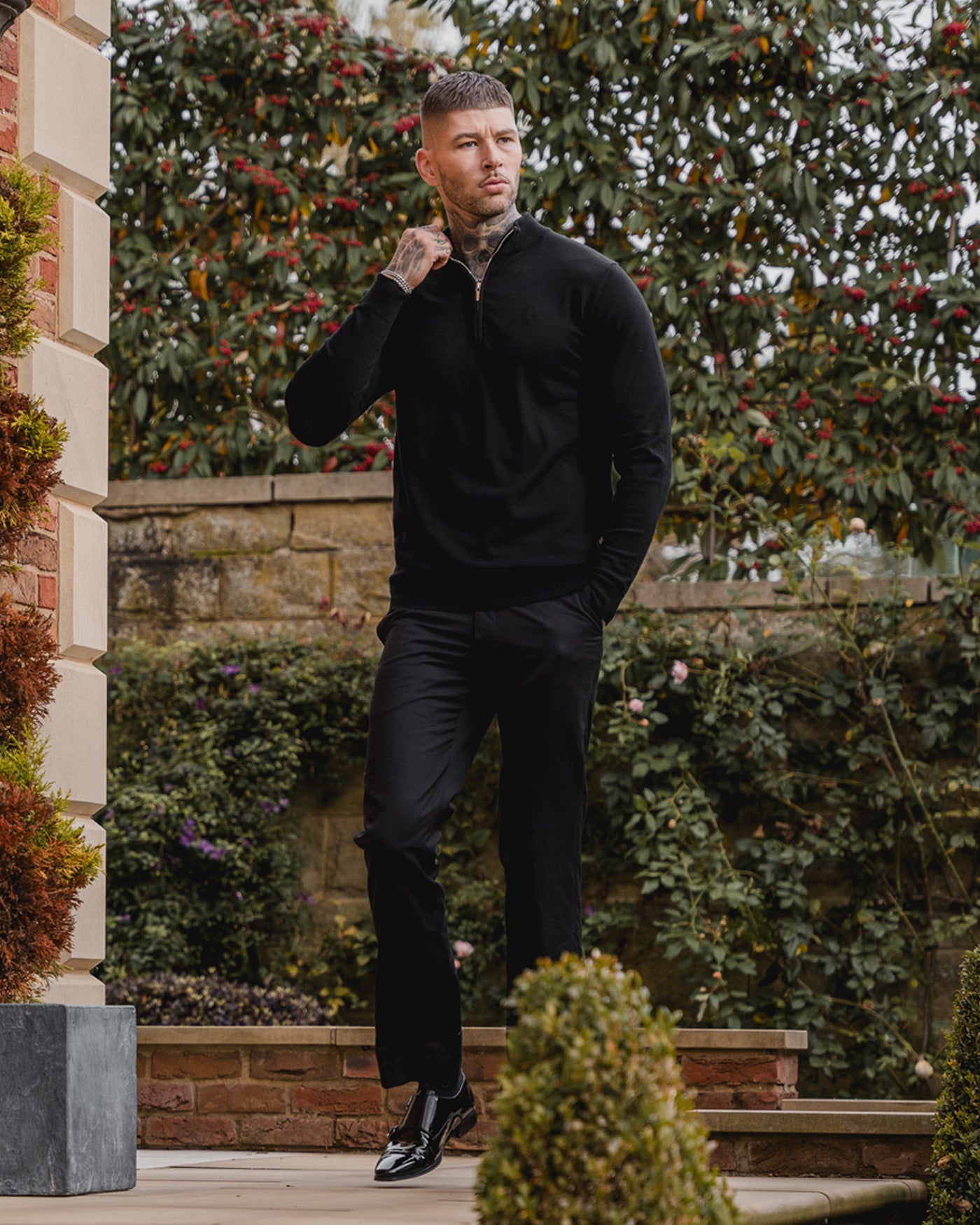 Black Knitted Long Sleeve Zip Polo