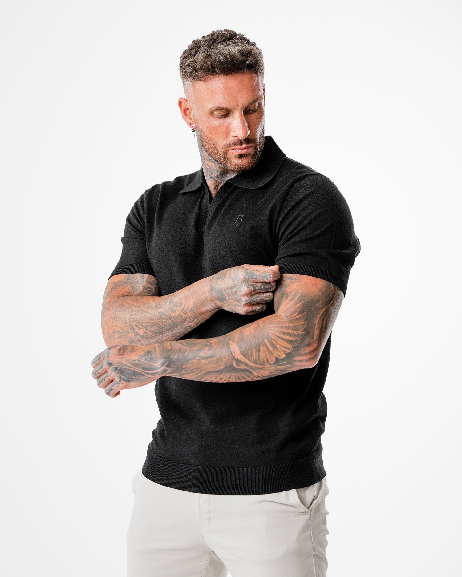 Black Knitted Polo Top