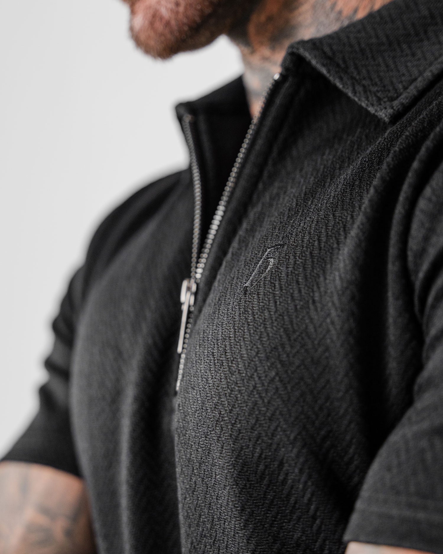 Black Herringbone Zip Polo