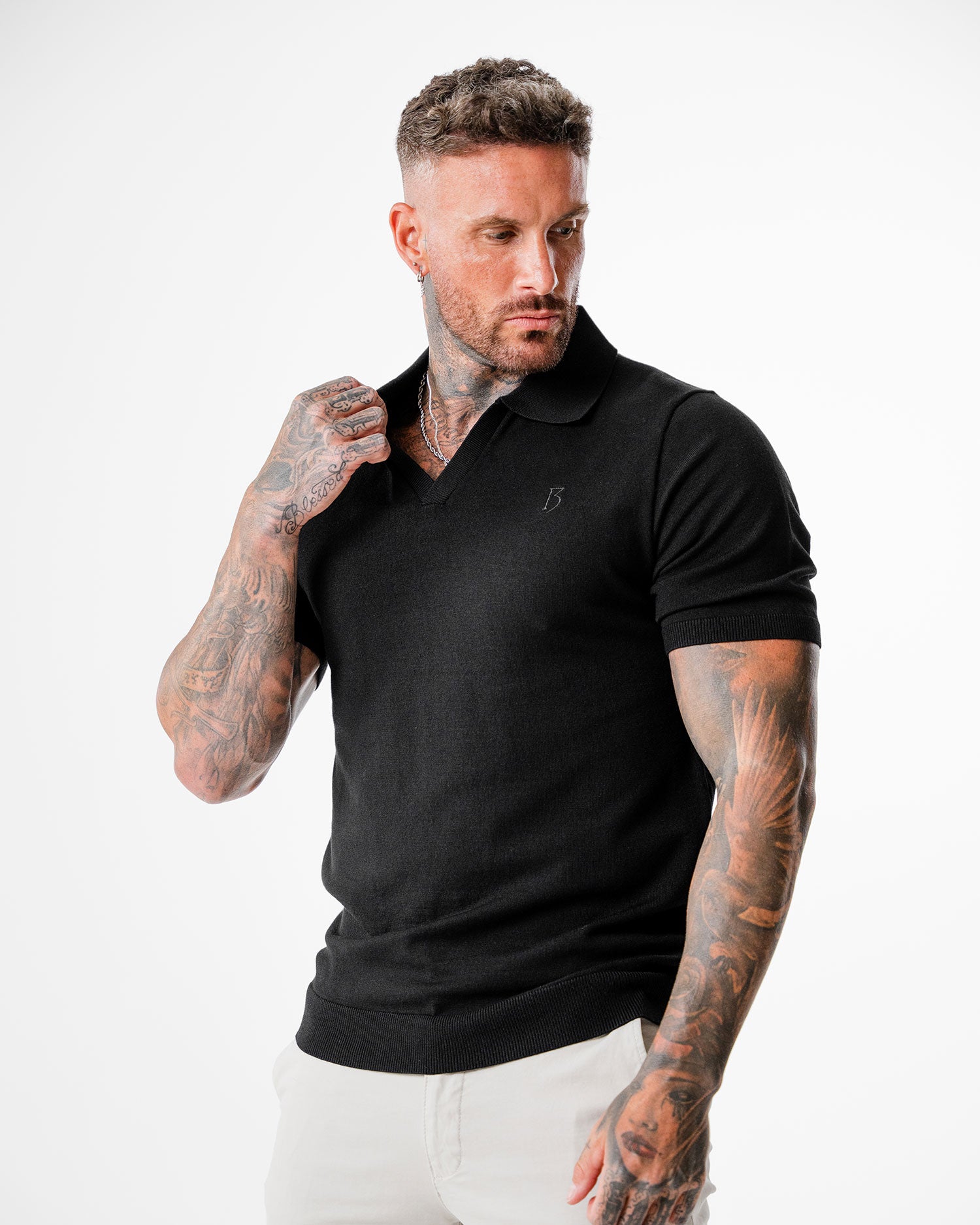 Black Knitted Polo Top