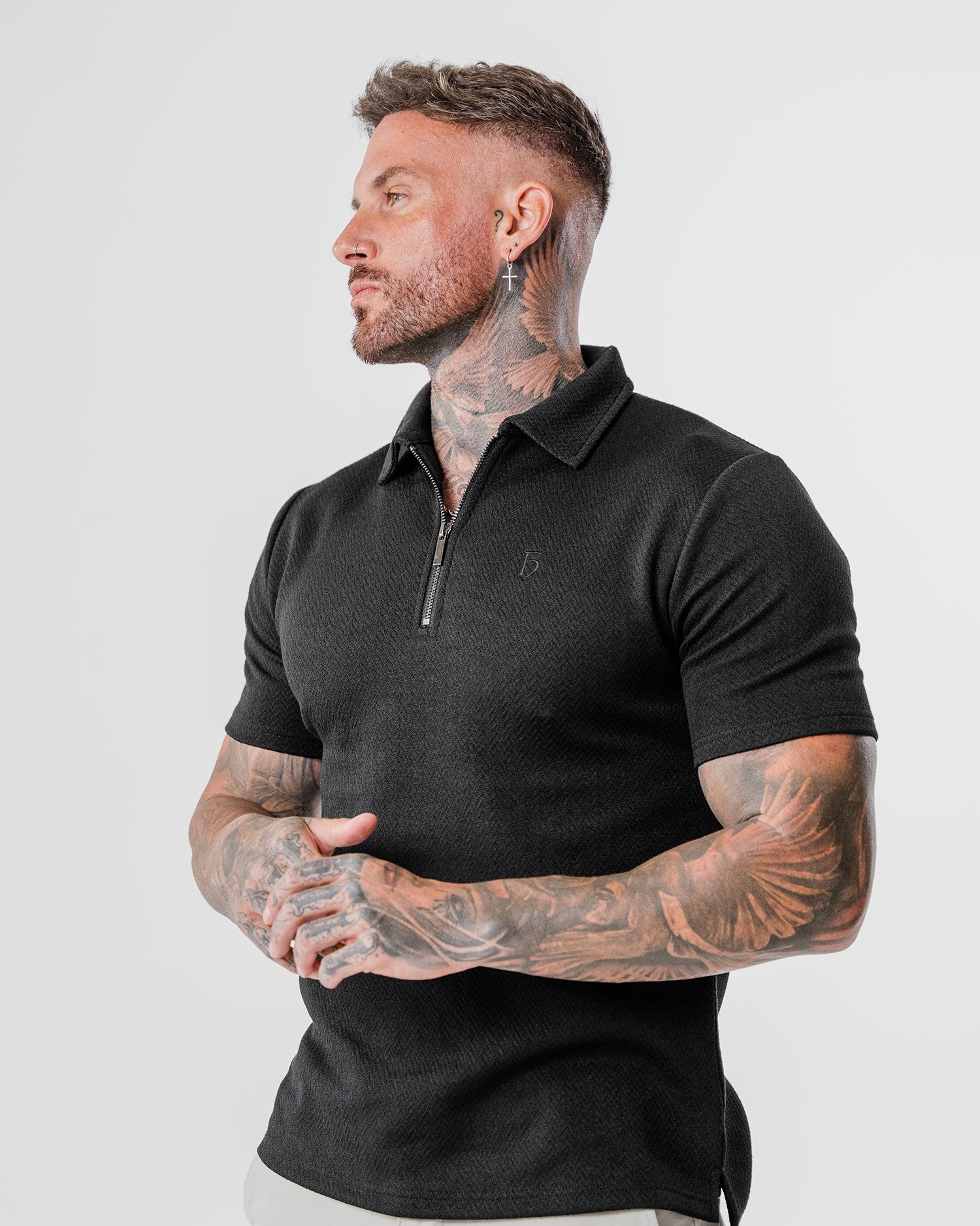 Black Herringbone Zip Polo