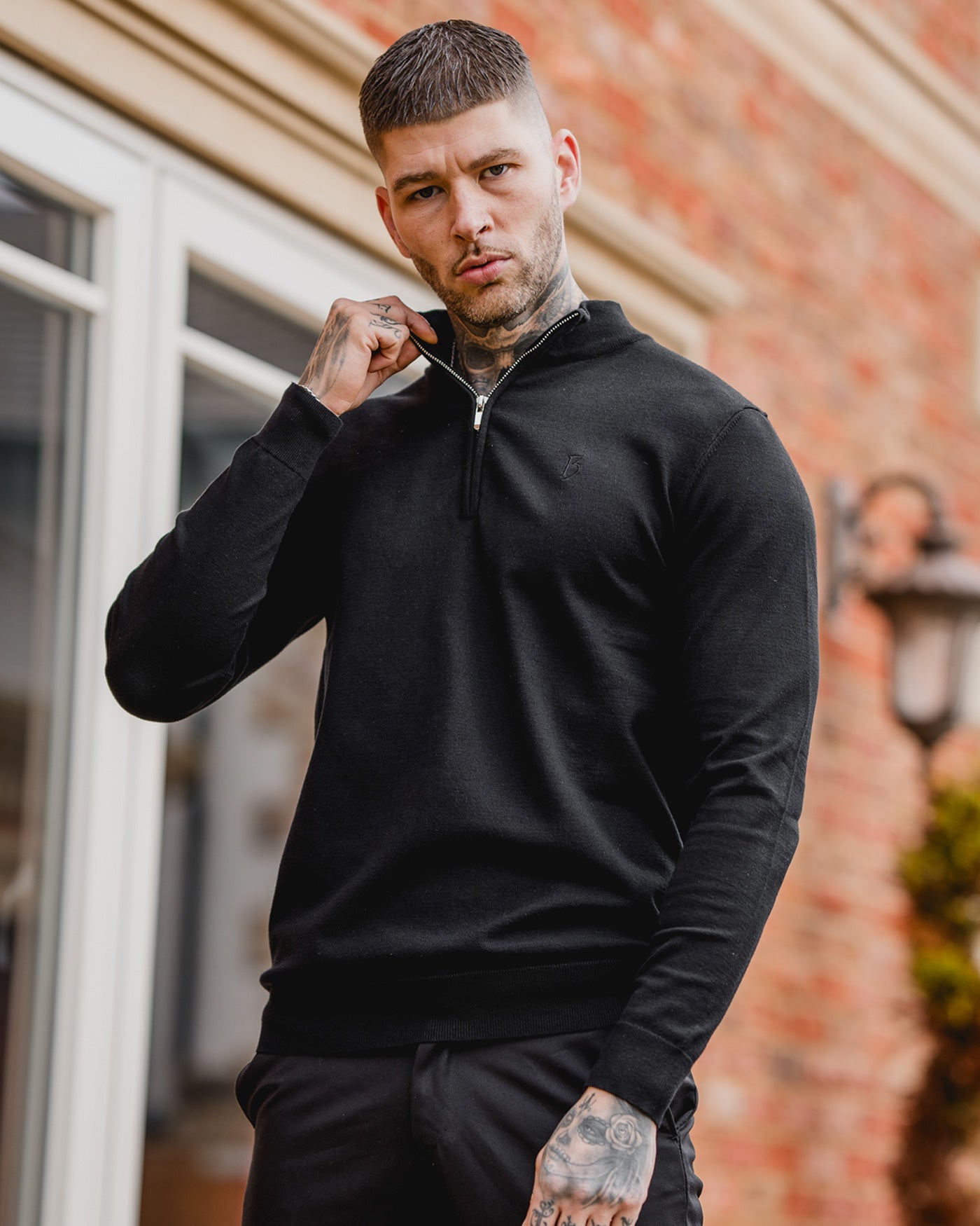 Black Knitted Long Sleeve Zip Polo