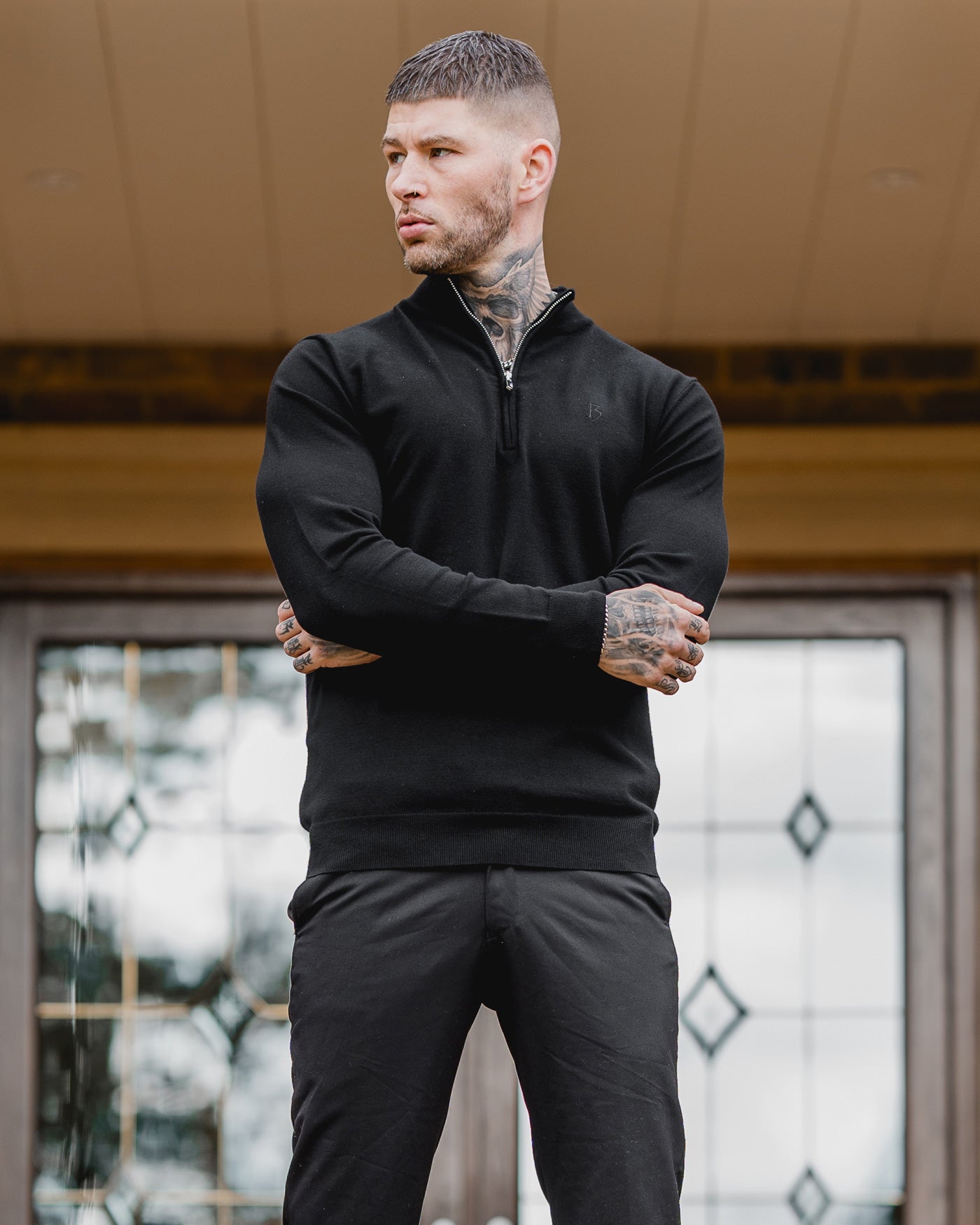 Black Knitted Long Sleeve Zip Polo