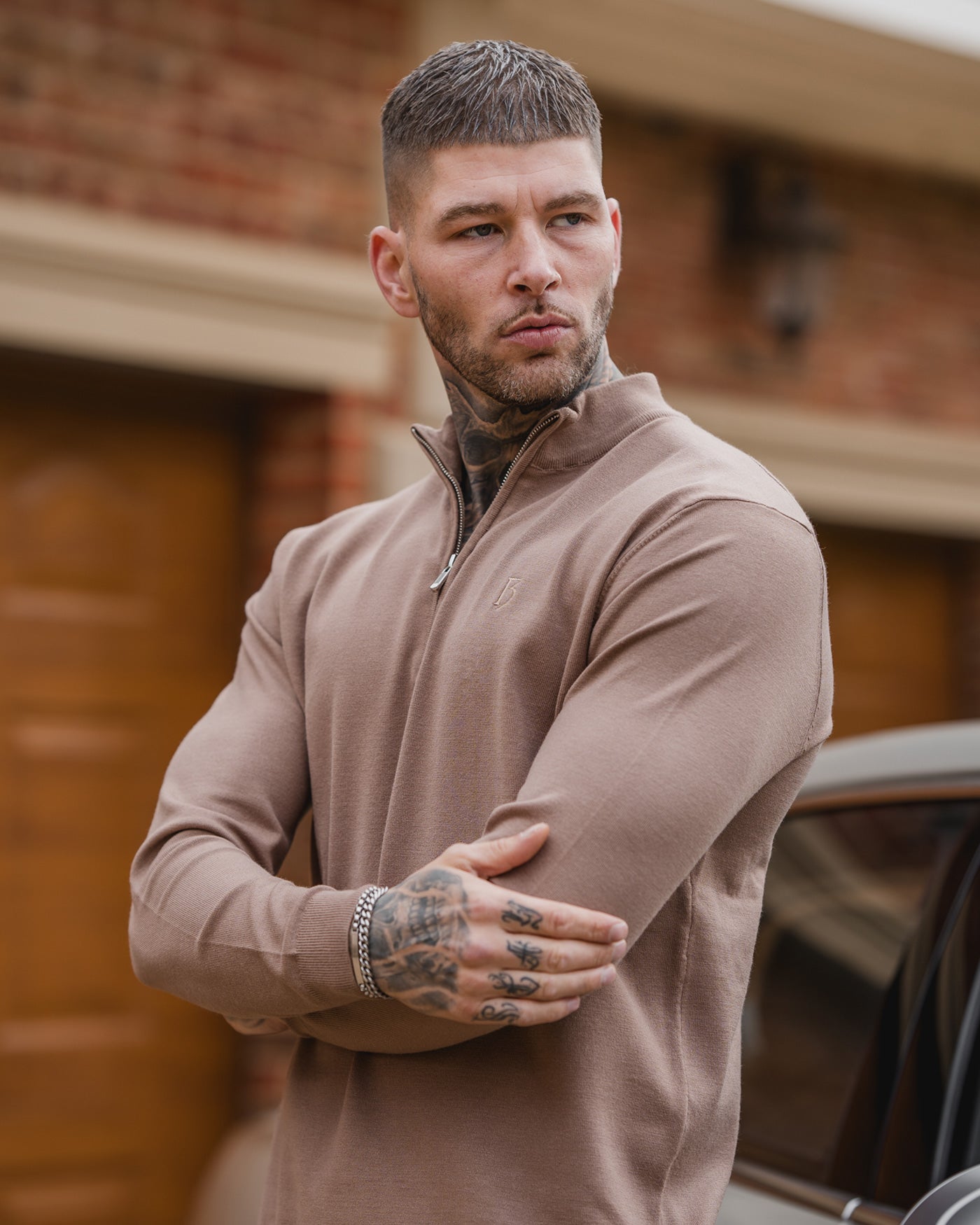 Brown Knitted Long Sleeve Zip Polo