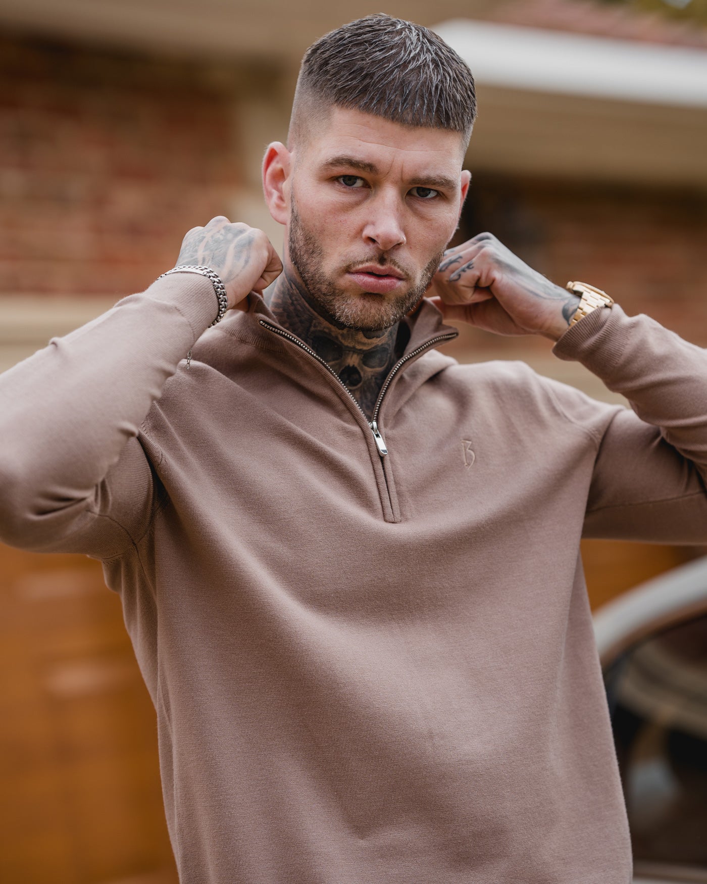 Brown Knitted Long Sleeve Zip Polo